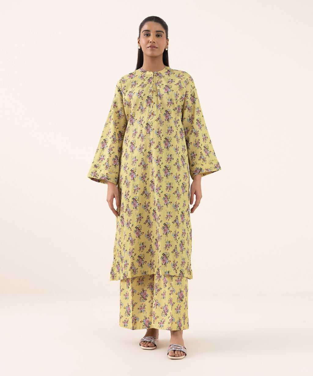 Women's RTW Seersucker Yellow Printed Drop Shoulder Shirt