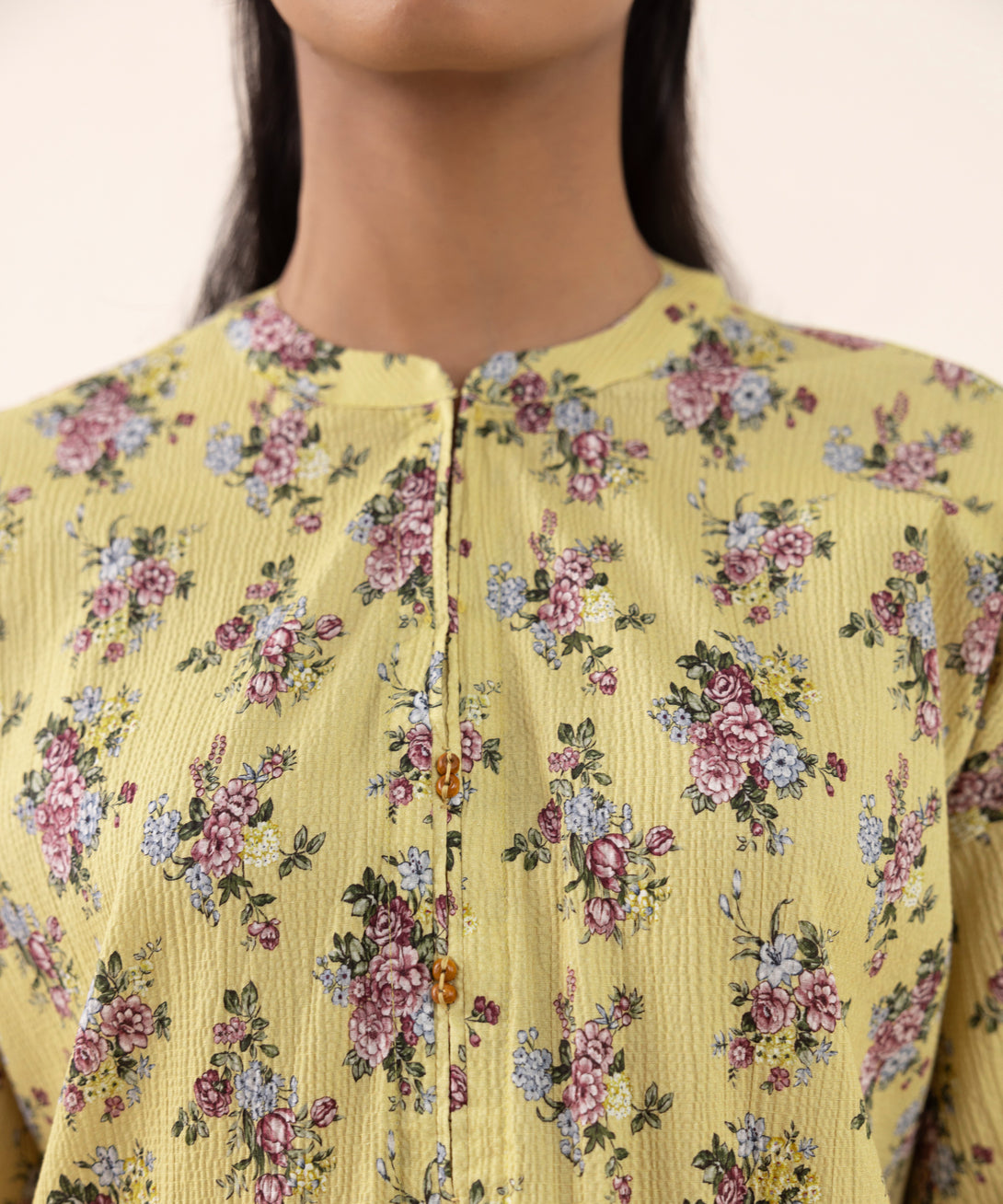 Women's RTW Seersucker Yellow Printed Drop Shoulder Shirt