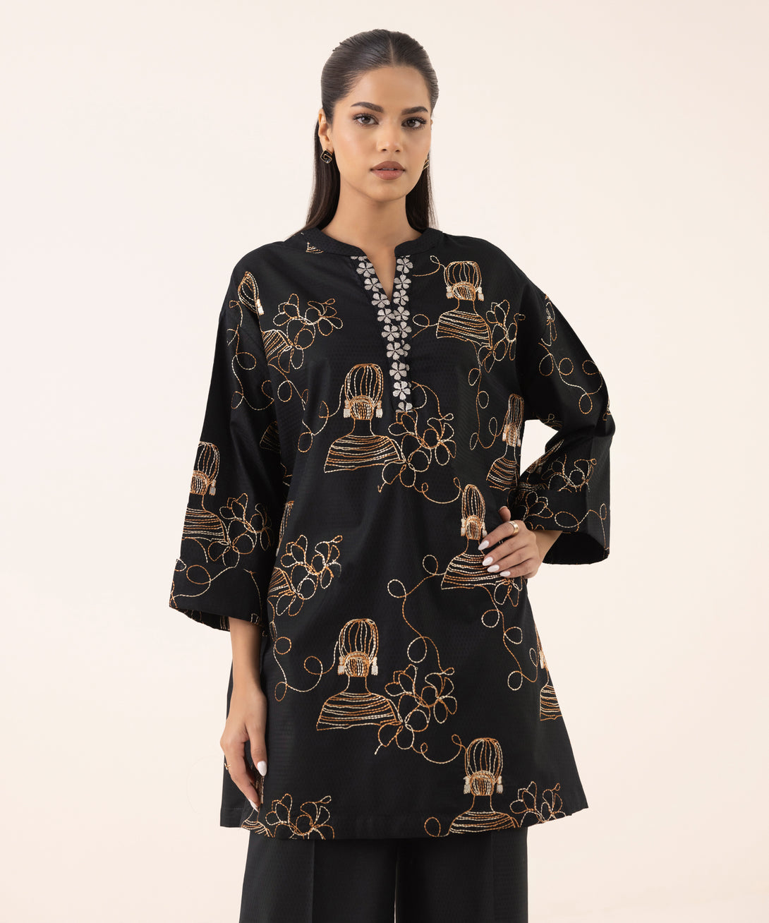 Women's RTW Dobby Black Embroidered Boxy Shirt