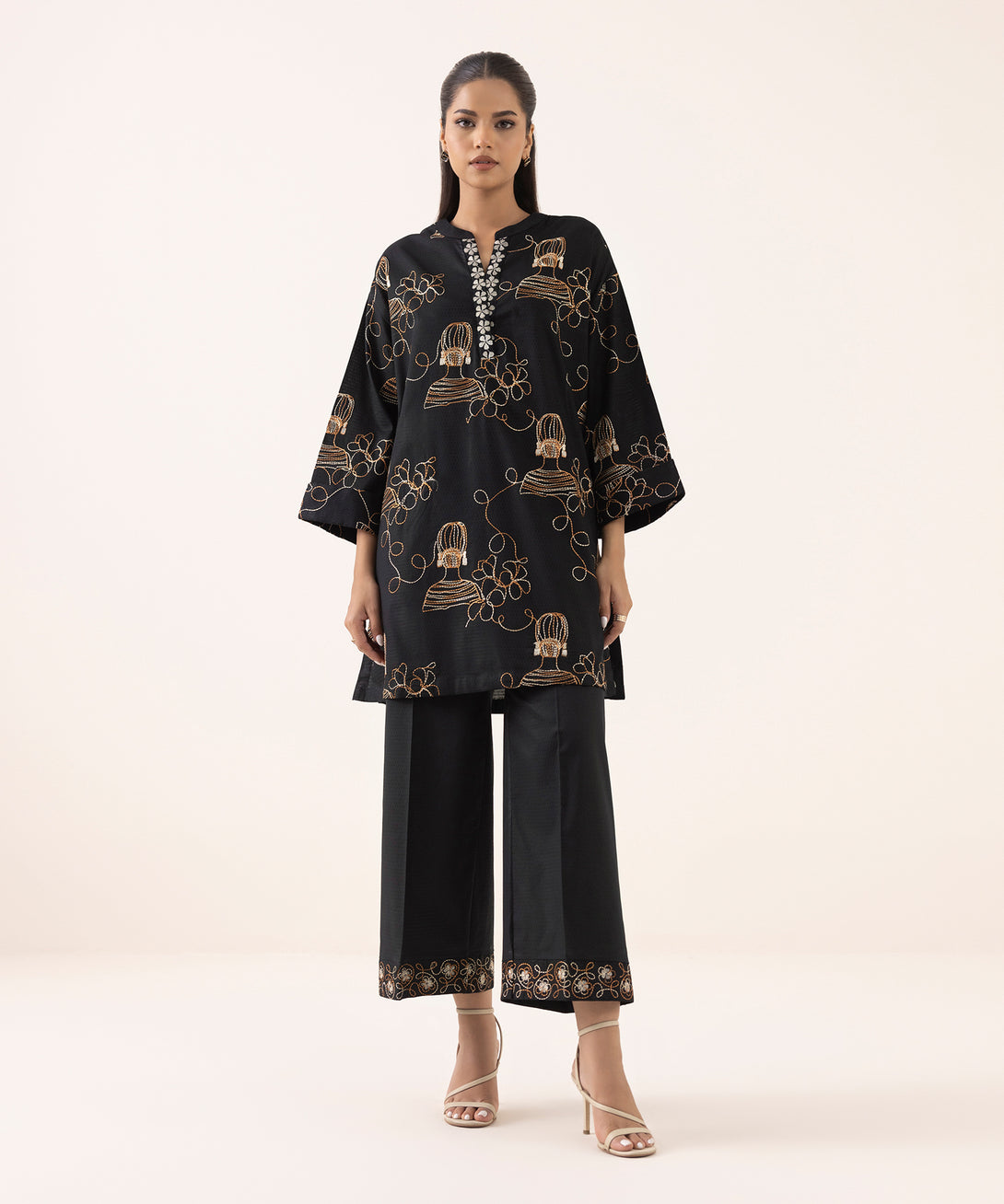 Women's RTW Dobby Black Embroidered Boxy Shirt