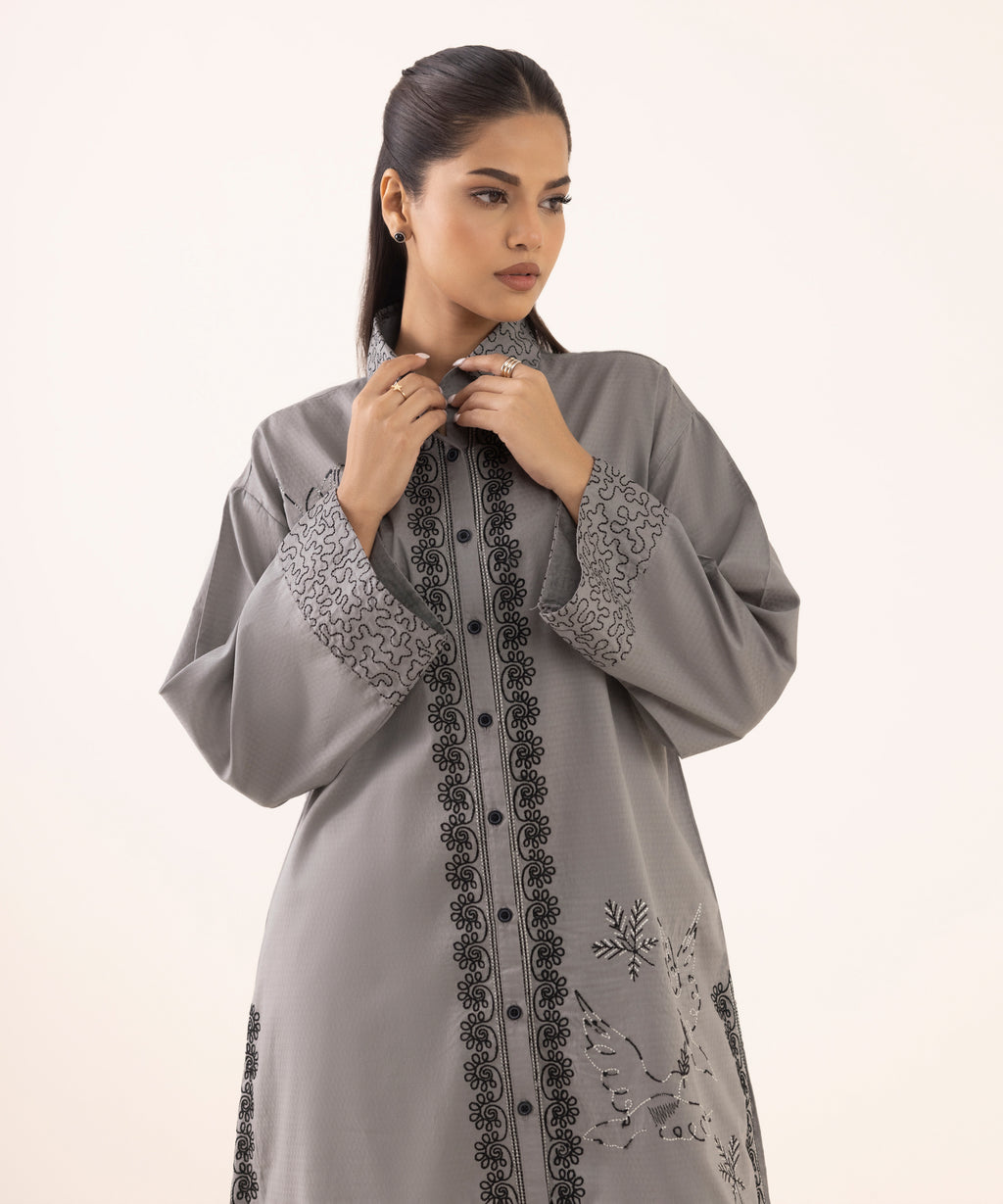 Women's RTW Dobby Grey Embroidered Button Down Shirt