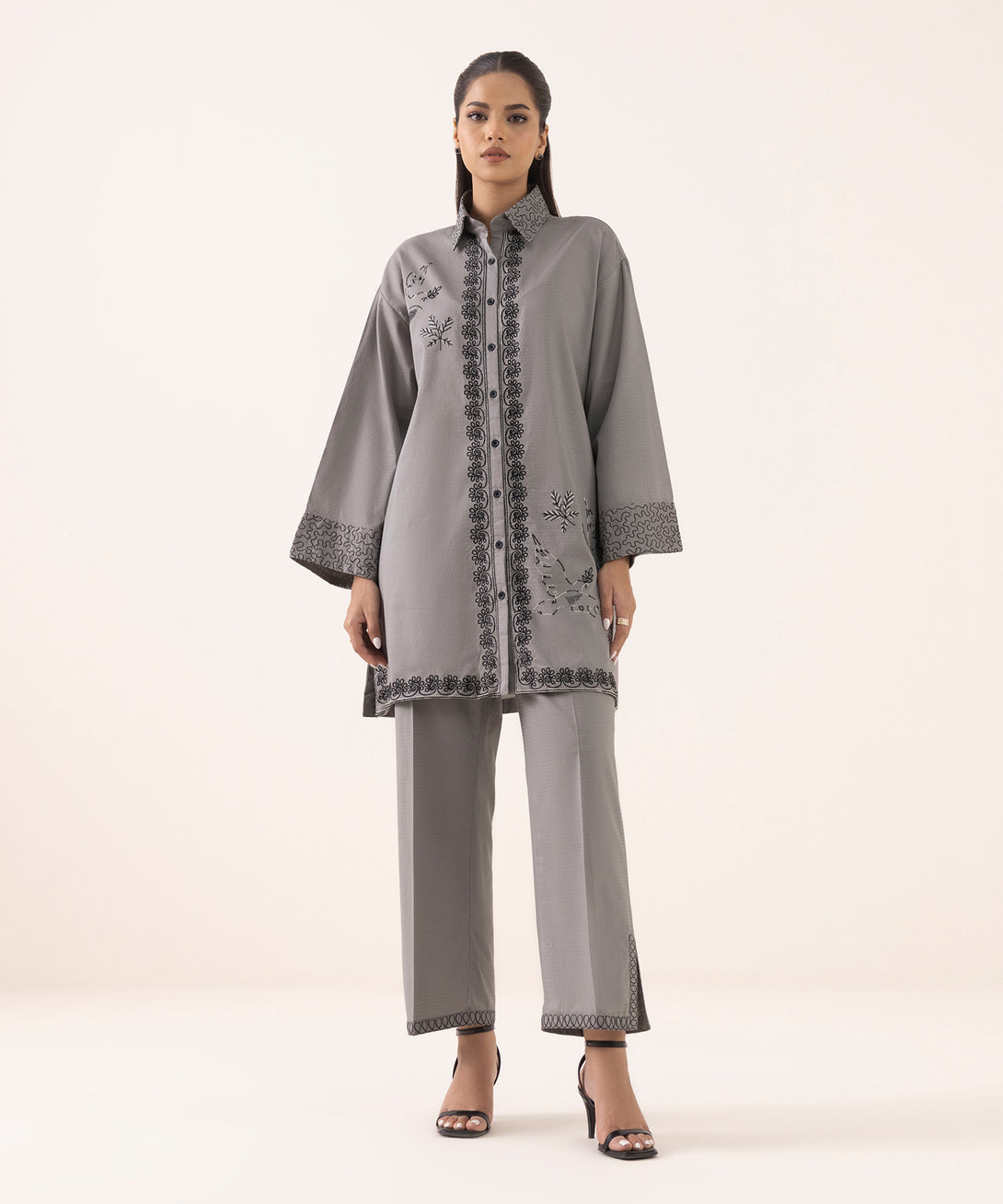 Women's RTW Dobby Grey Embroidered Button Down Shirt