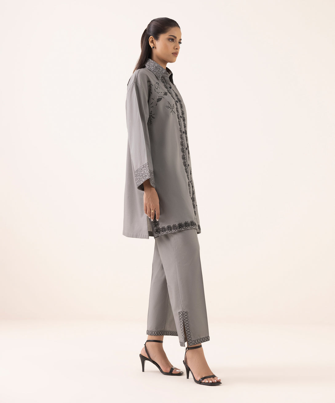Women's RTW Dobby Grey Embroidered Button Down Shirt