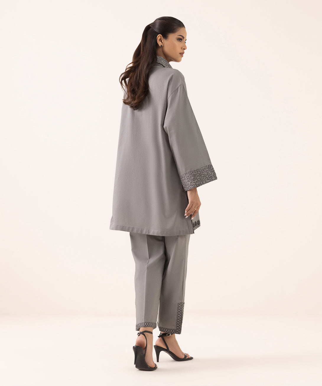 Women's RTW Dobby Grey Embroidered Button Down Shirt