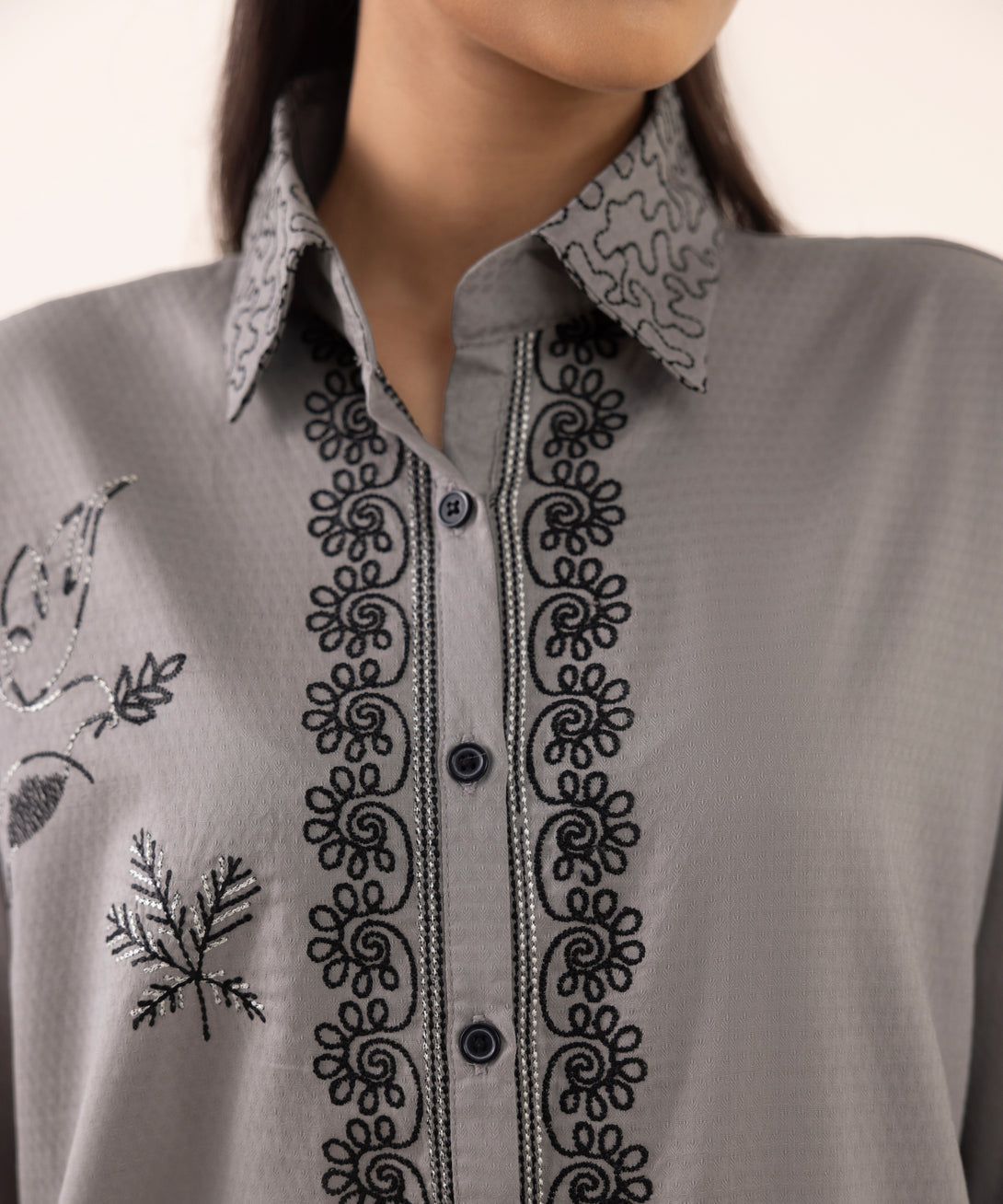 Women's RTW Dobby Grey Embroidered Button Down Shirt