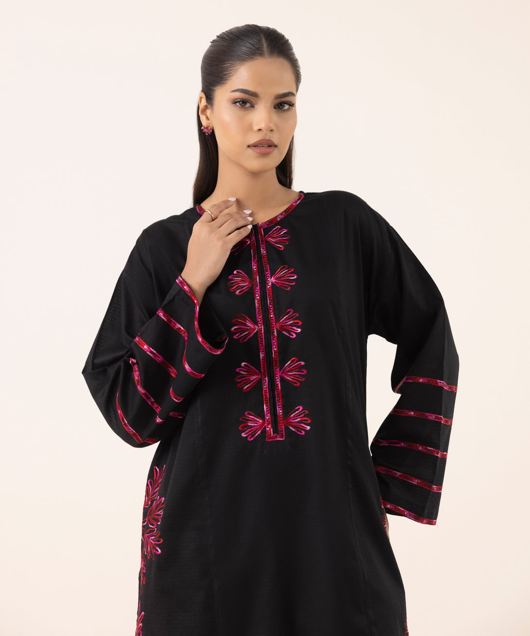 Women's RTW Dobby Black Embroidered Boxy Shirt