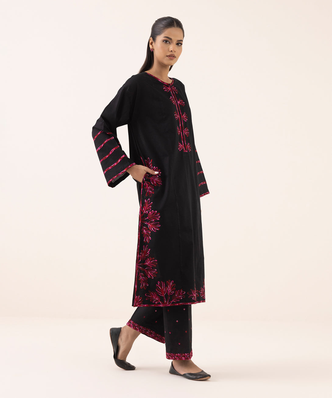 Women's RTW Dobby Black Embroidered Boxy Shirt
