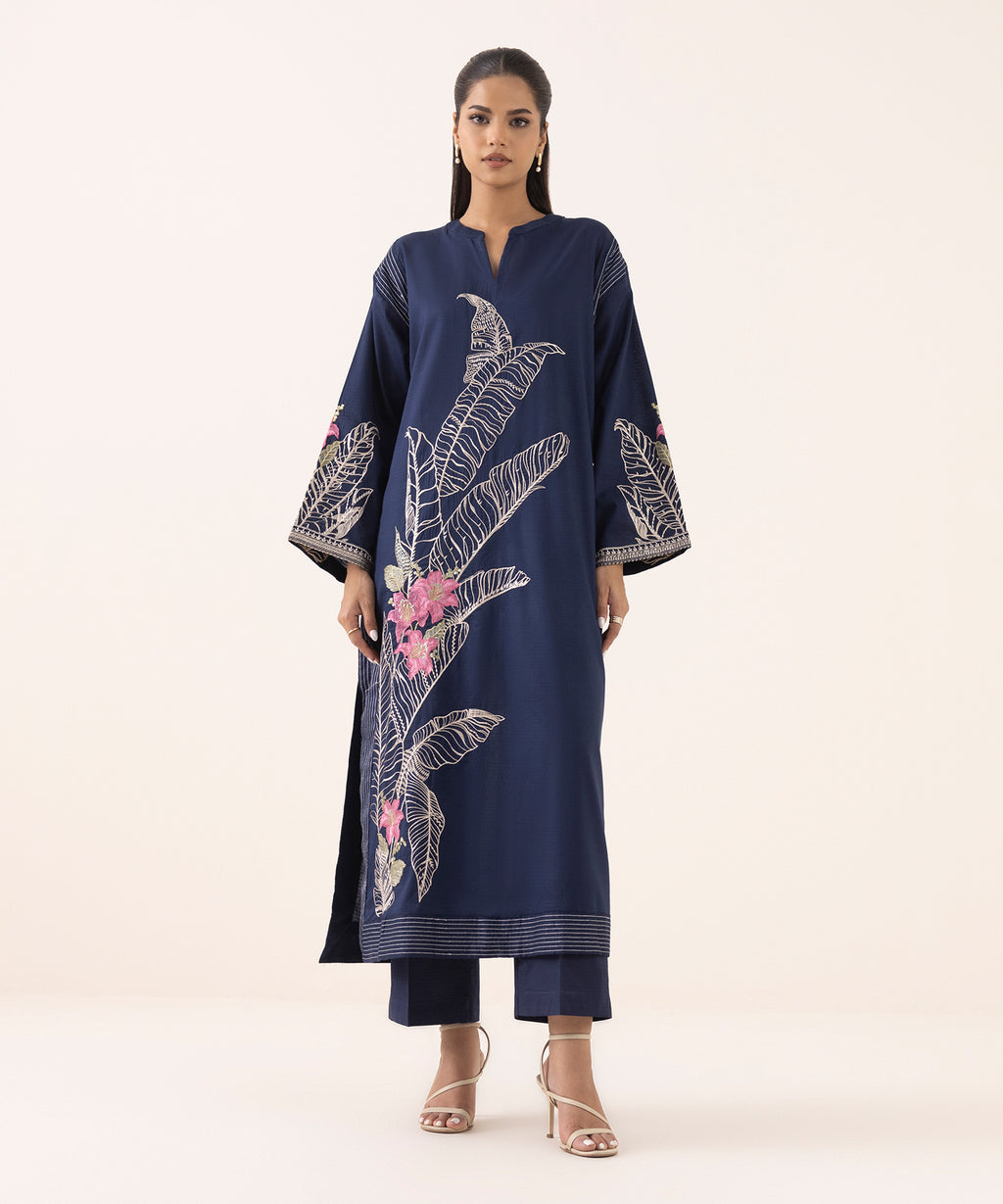 Women's RTW Dobby Blue Embroidered Boxy Shirt