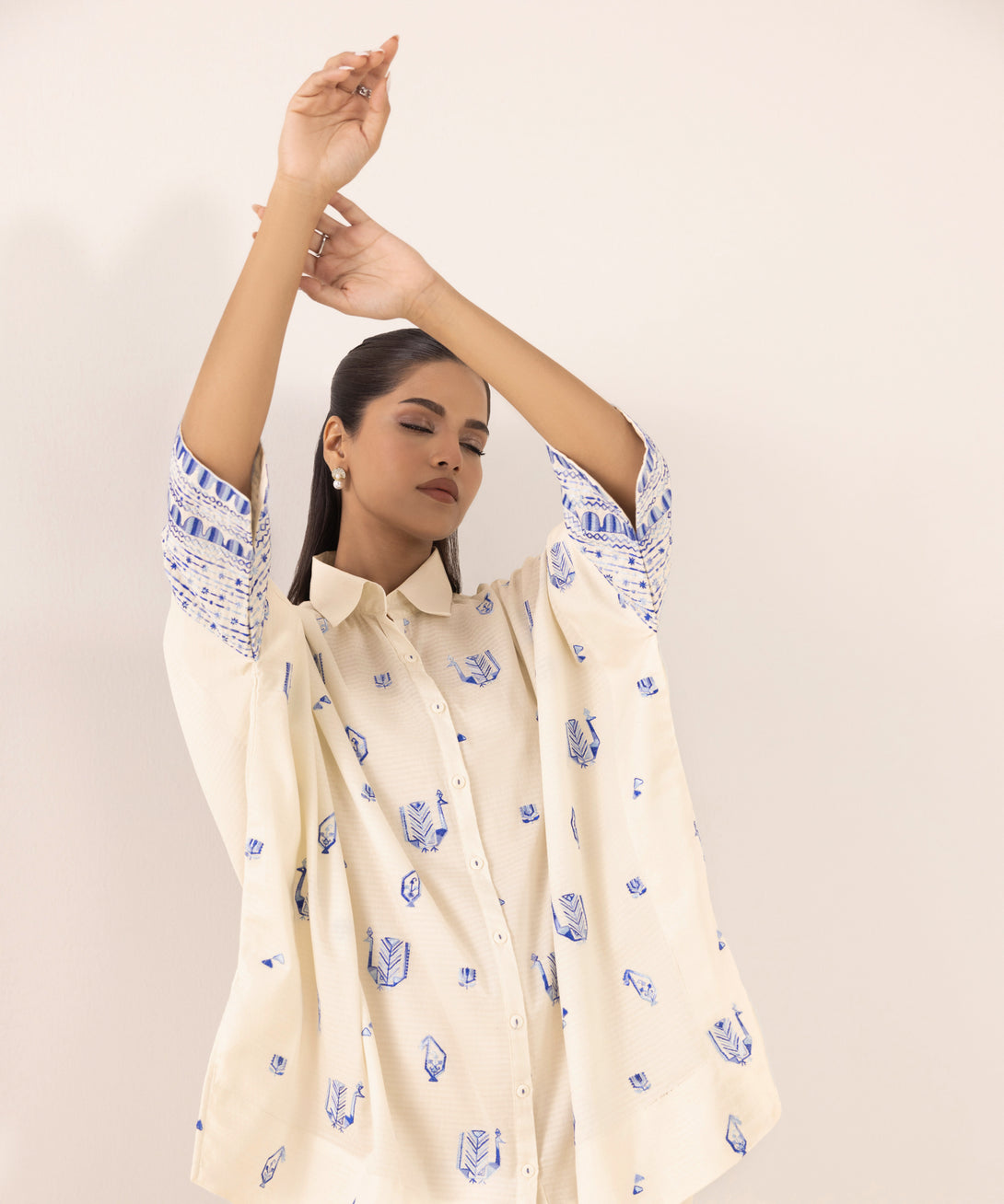 Women's RTW Dobby White Embroidered Button Down Shirt