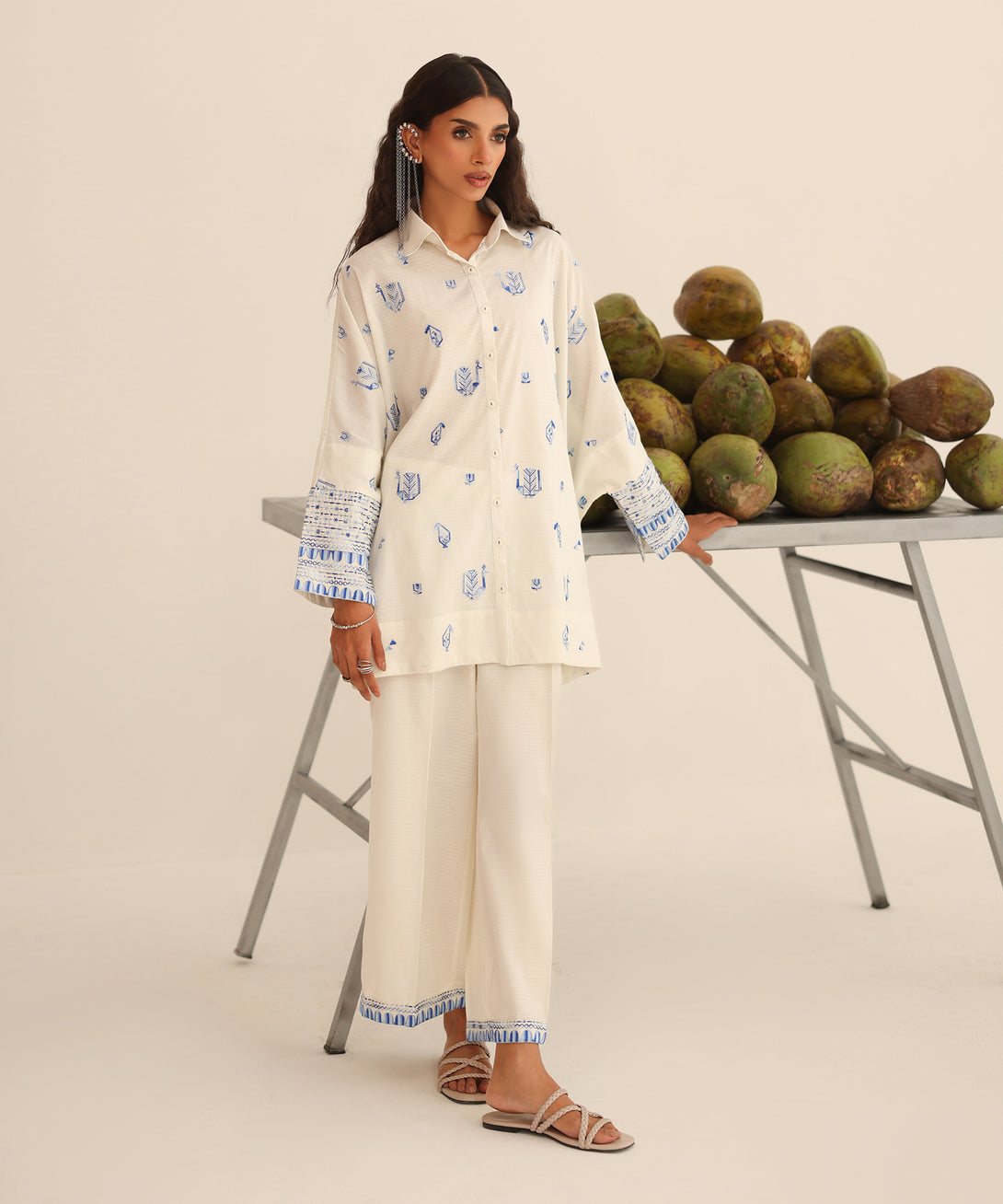 Women's RTW Dobby White Embroidered Button Down Shirt