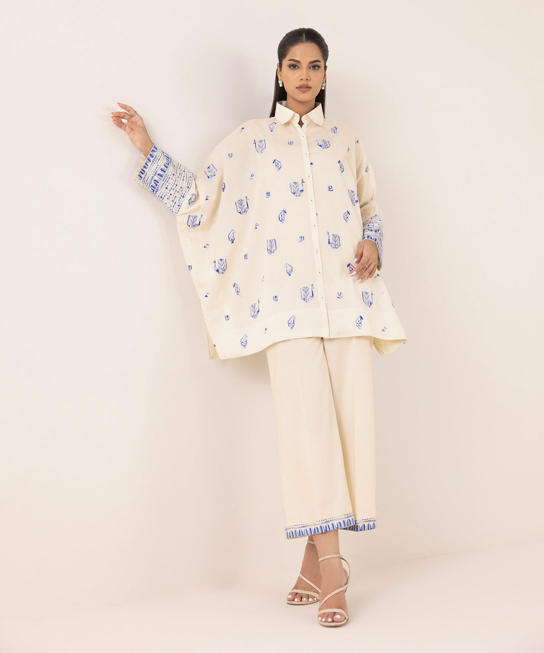 Women's RTW Dobby White Embroidered Button Down Shirt
