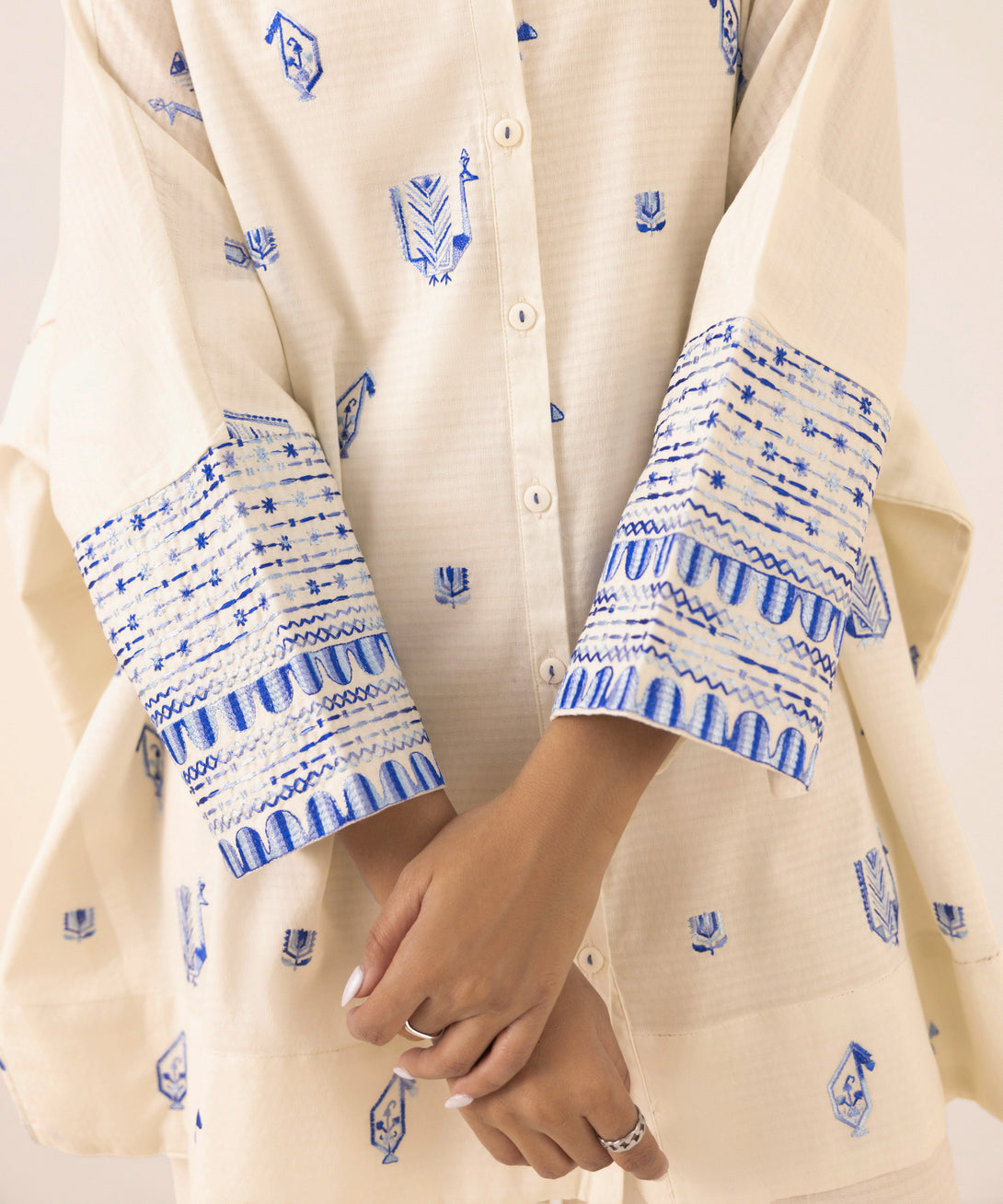 Women's RTW Dobby White Embroidered Button Down Shirt