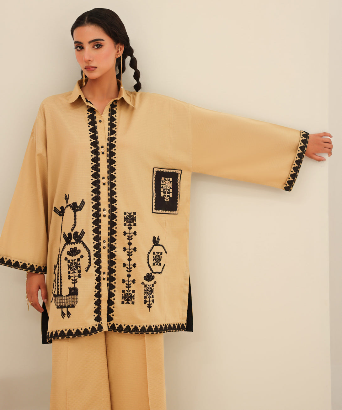 Women's RTW Dobby Beige Embroidered Button Down Shirt