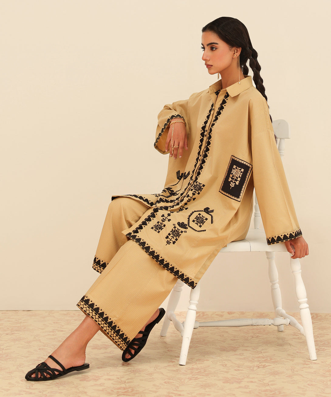 Women's RTW Dobby Beige Embroidered Button Down Shirt