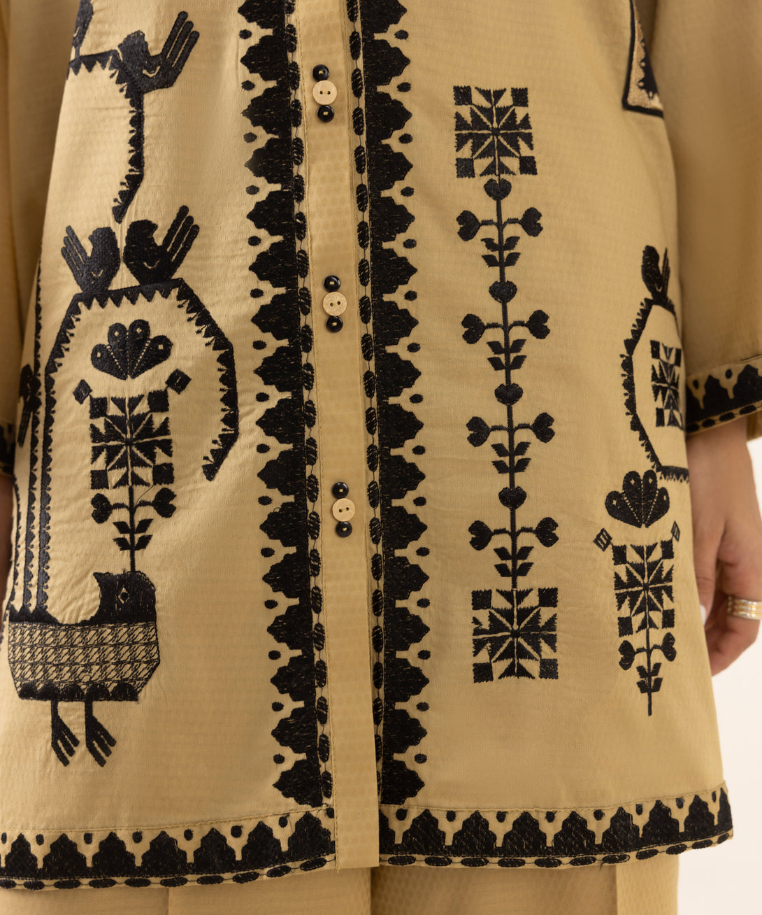 Women's RTW Dobby Beige Embroidered Button Down Shirt