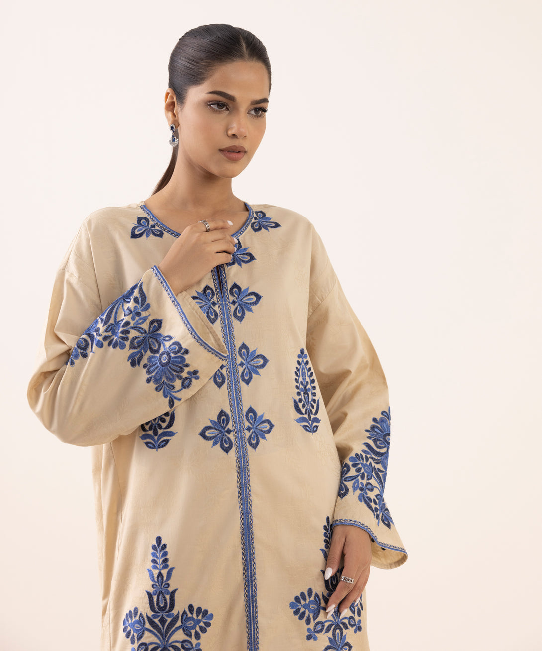 Women's RTW Cotton Jacquard Beige Embroidered Boxy Shirt