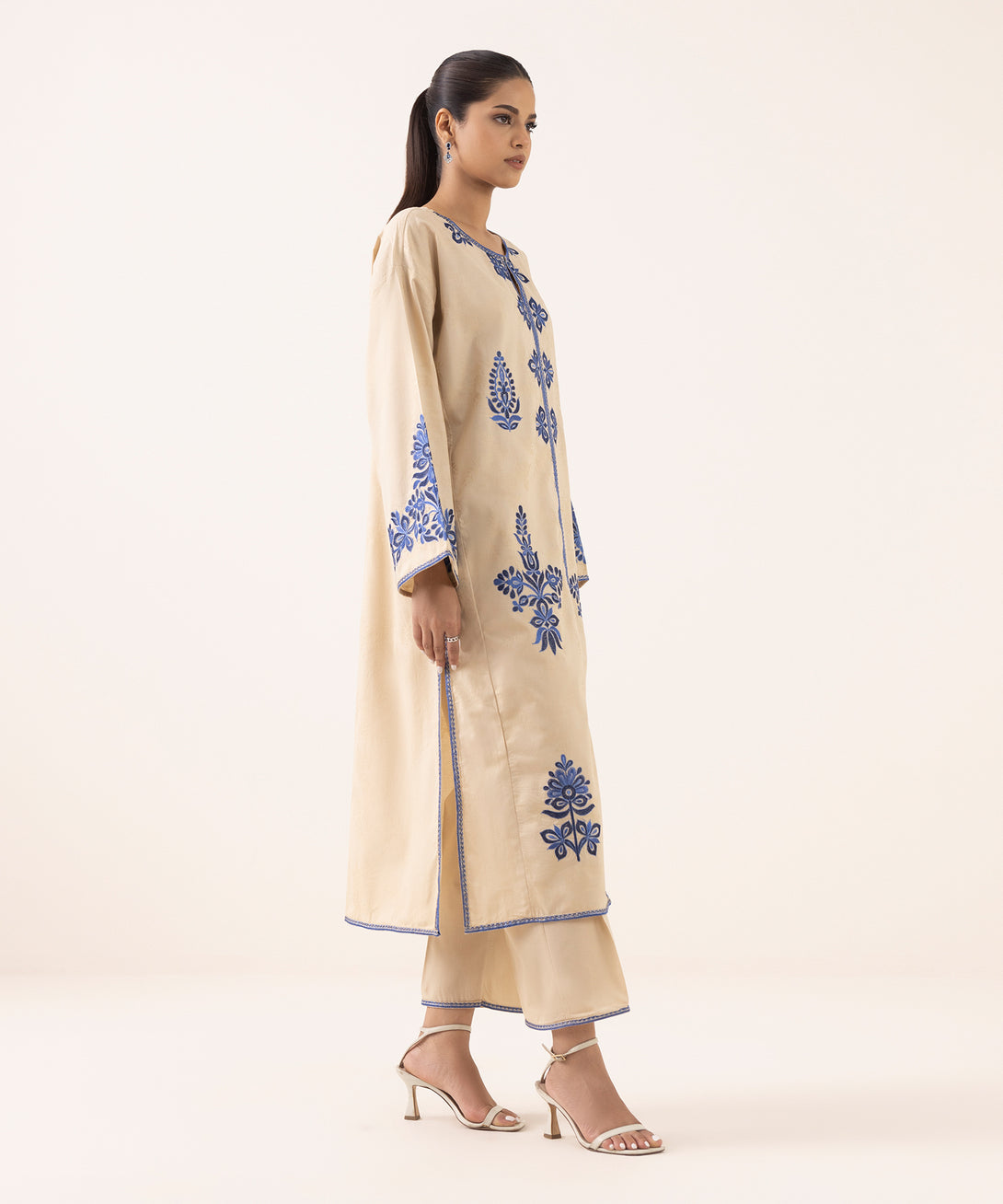 Women's RTW Cotton Jacquard Beige Embroidered Boxy Shirt