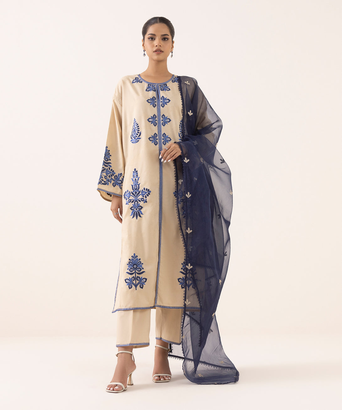 Women's RTW Cotton Jacquard Beige Embroidered Boxy Shirt