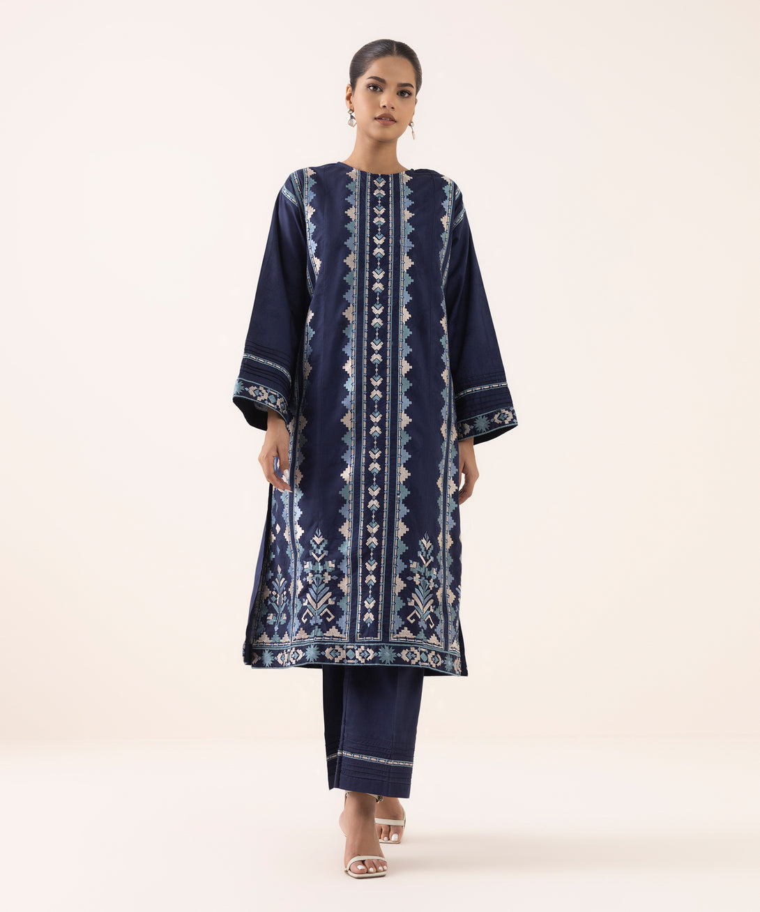 Women's RTW Cotton Jacquard Blue Embroidered Boxy Shirt