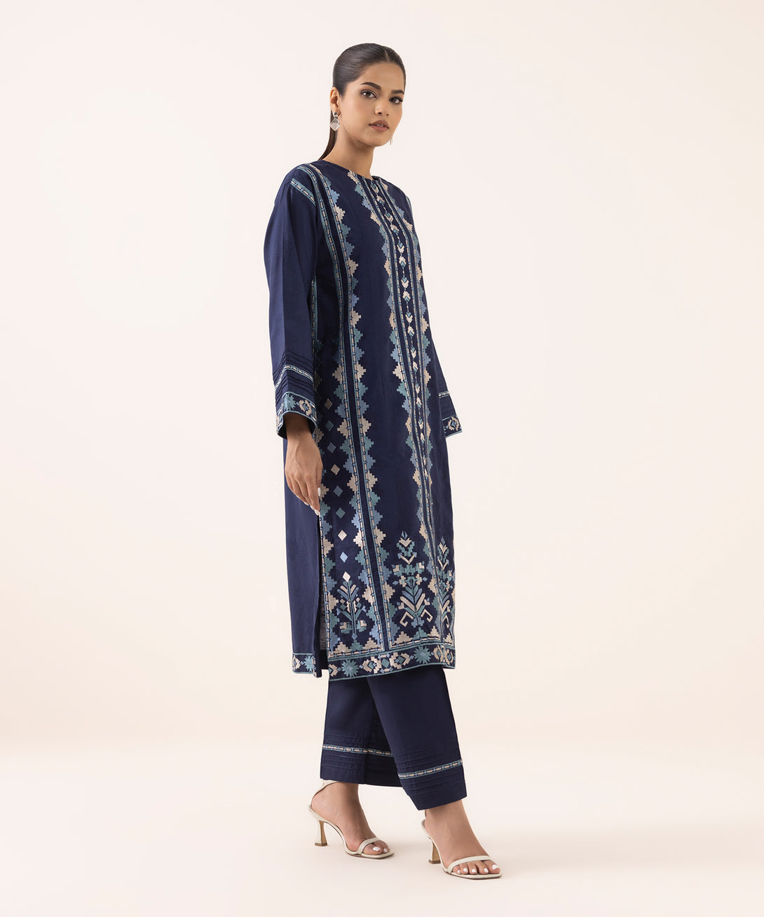 Women's RTW Cotton Jacquard Blue Embroidered Boxy Shirt