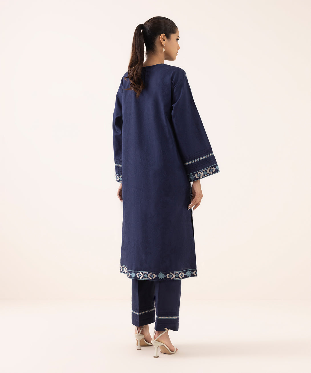 Women's RTW Cotton Jacquard Blue Embroidered Boxy Shirt