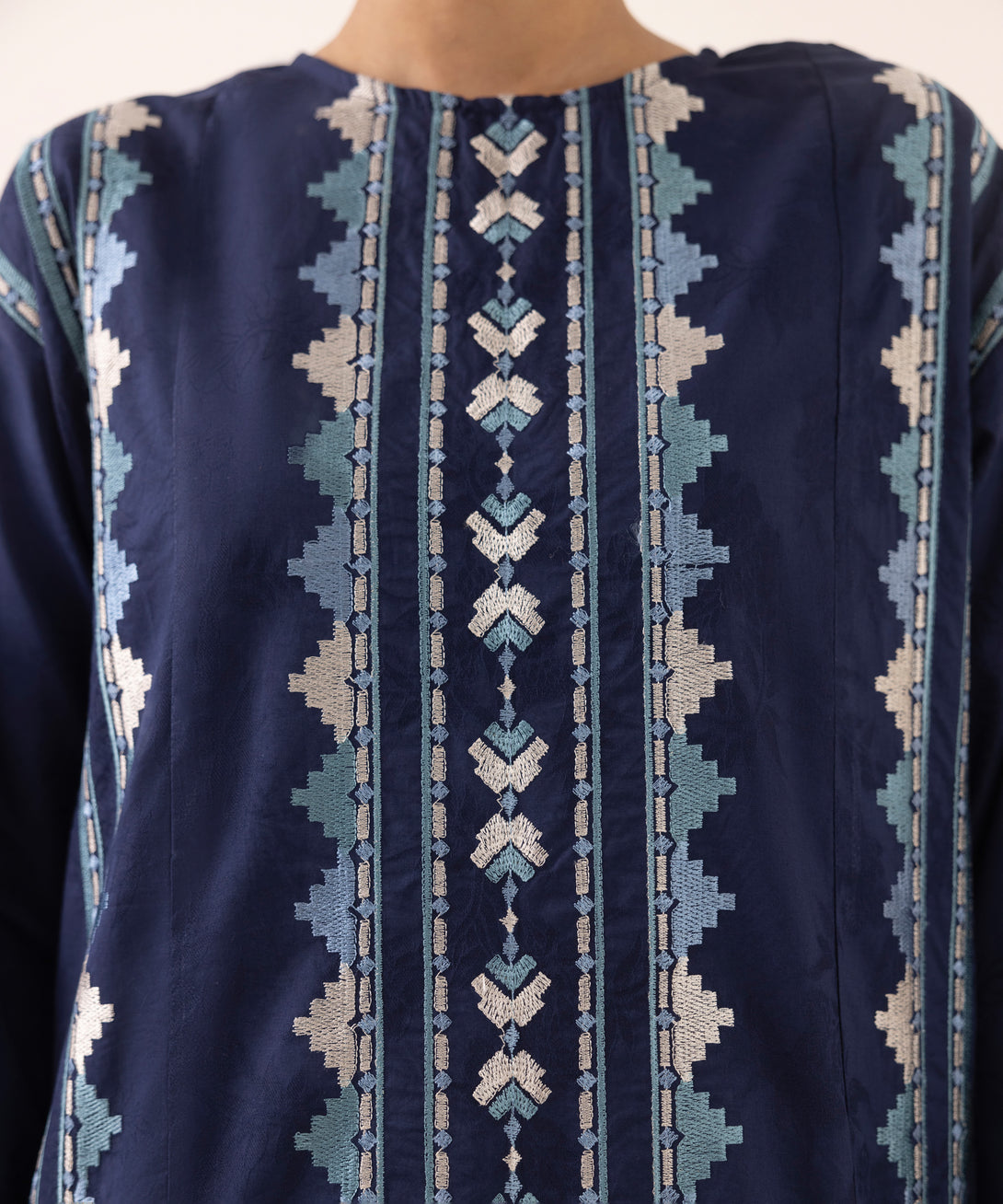Women's RTW Cotton Jacquard Blue Embroidered Boxy Shirt
