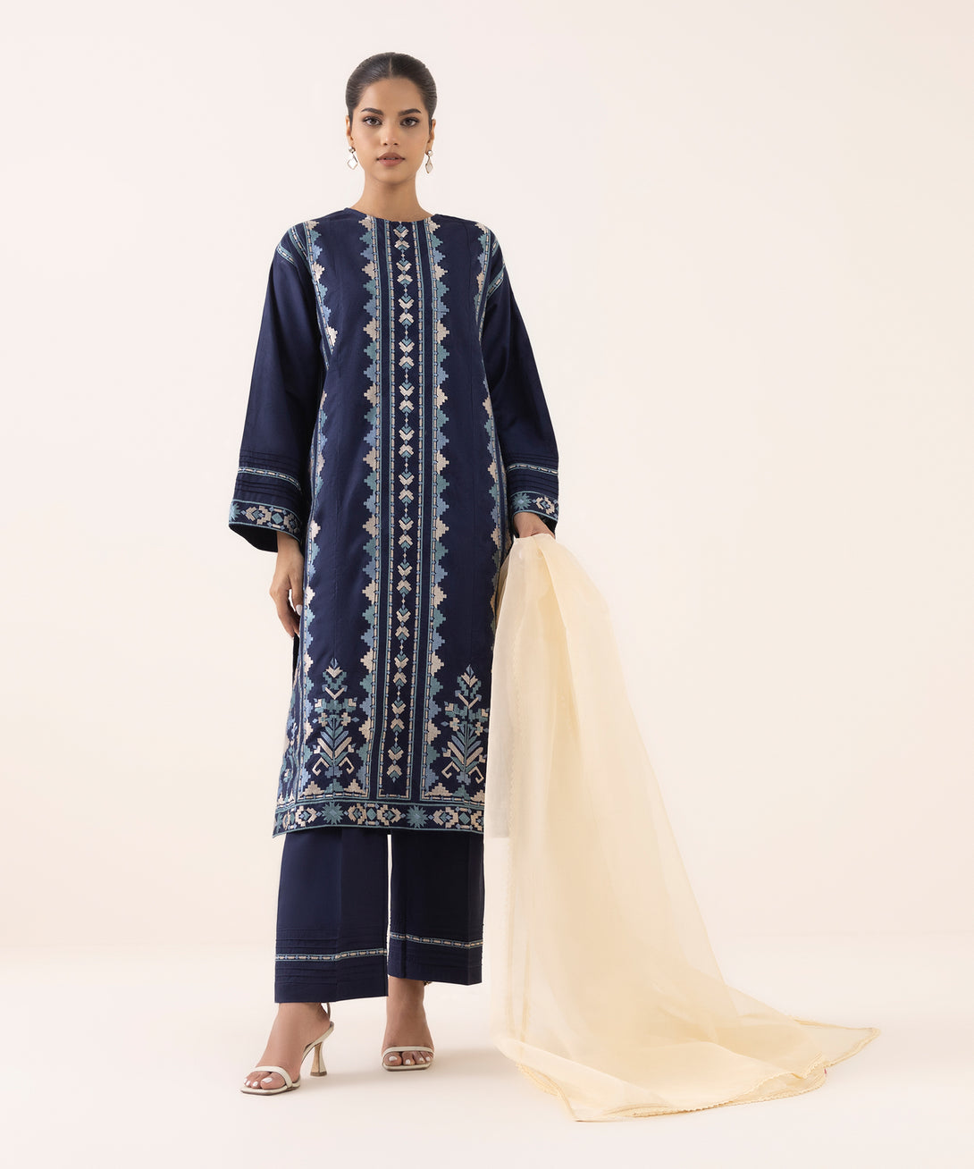 Women's RTW Cotton Jacquard Blue Embroidered Boxy Shirt