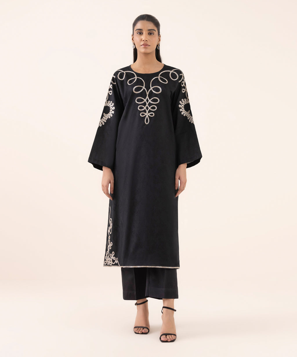 Women's RTW Cotton Jacquard Black Embroidered Boxy Shirt