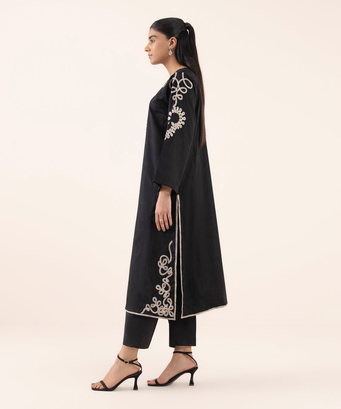 Women's RTW Cotton Jacquard Black Embroidered Boxy Shirt
