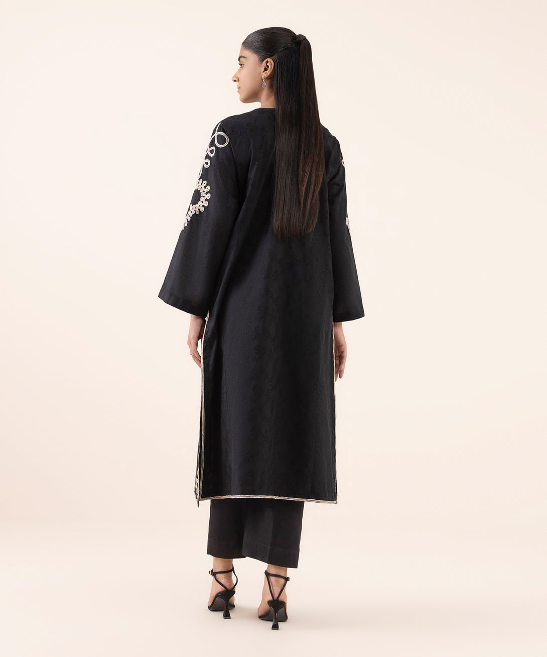 Women's RTW Cotton Jacquard Black Embroidered Boxy Shirt