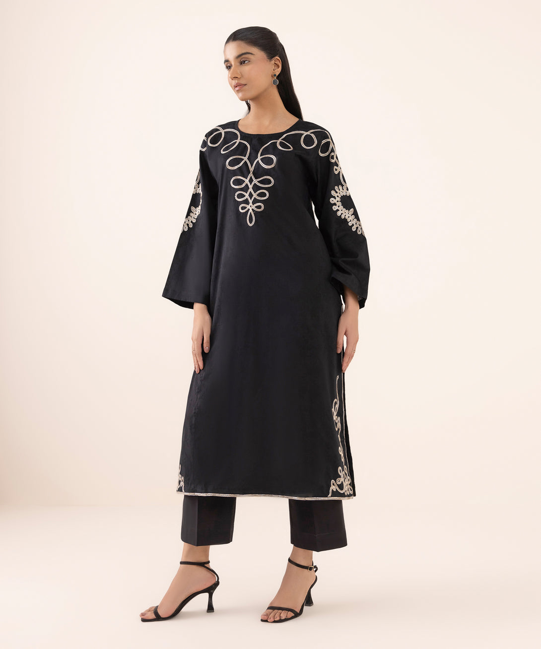 Women's RTW Cotton Jacquard Black Embroidered Boxy Shirt