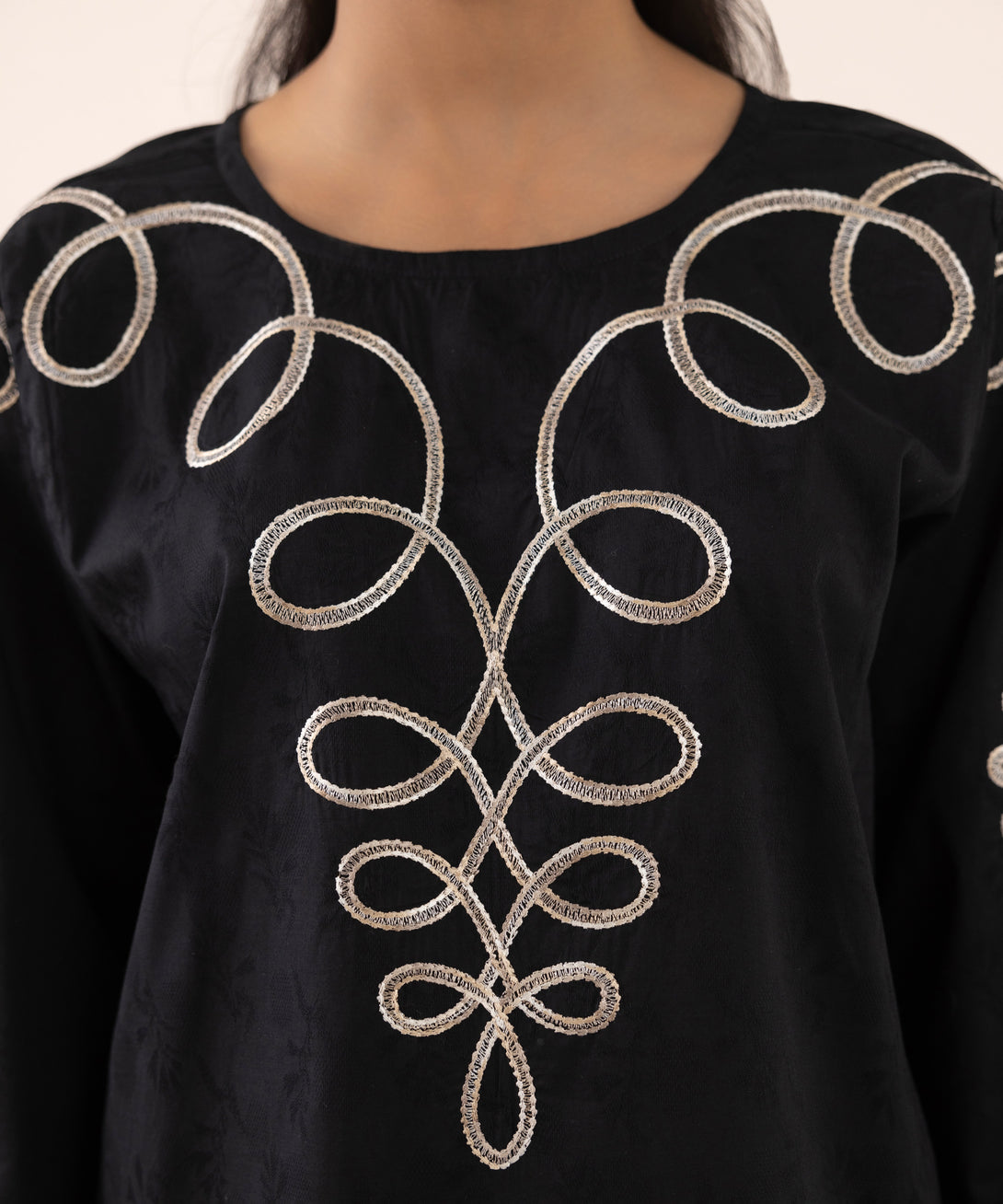 Women's RTW Cotton Jacquard Black Embroidered Boxy Shirt