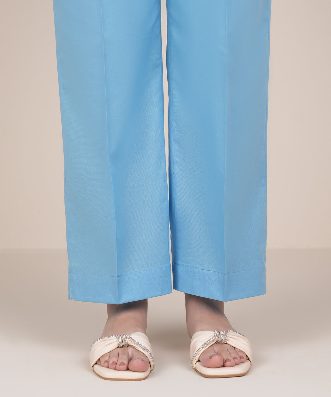 Women's RTW Cambric Blue Solid Straight Pants