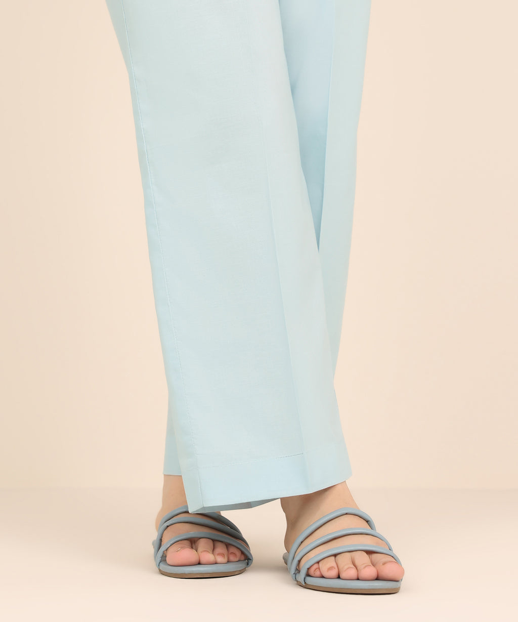 Women's RTW Cambric Blue Solid Straight Pants