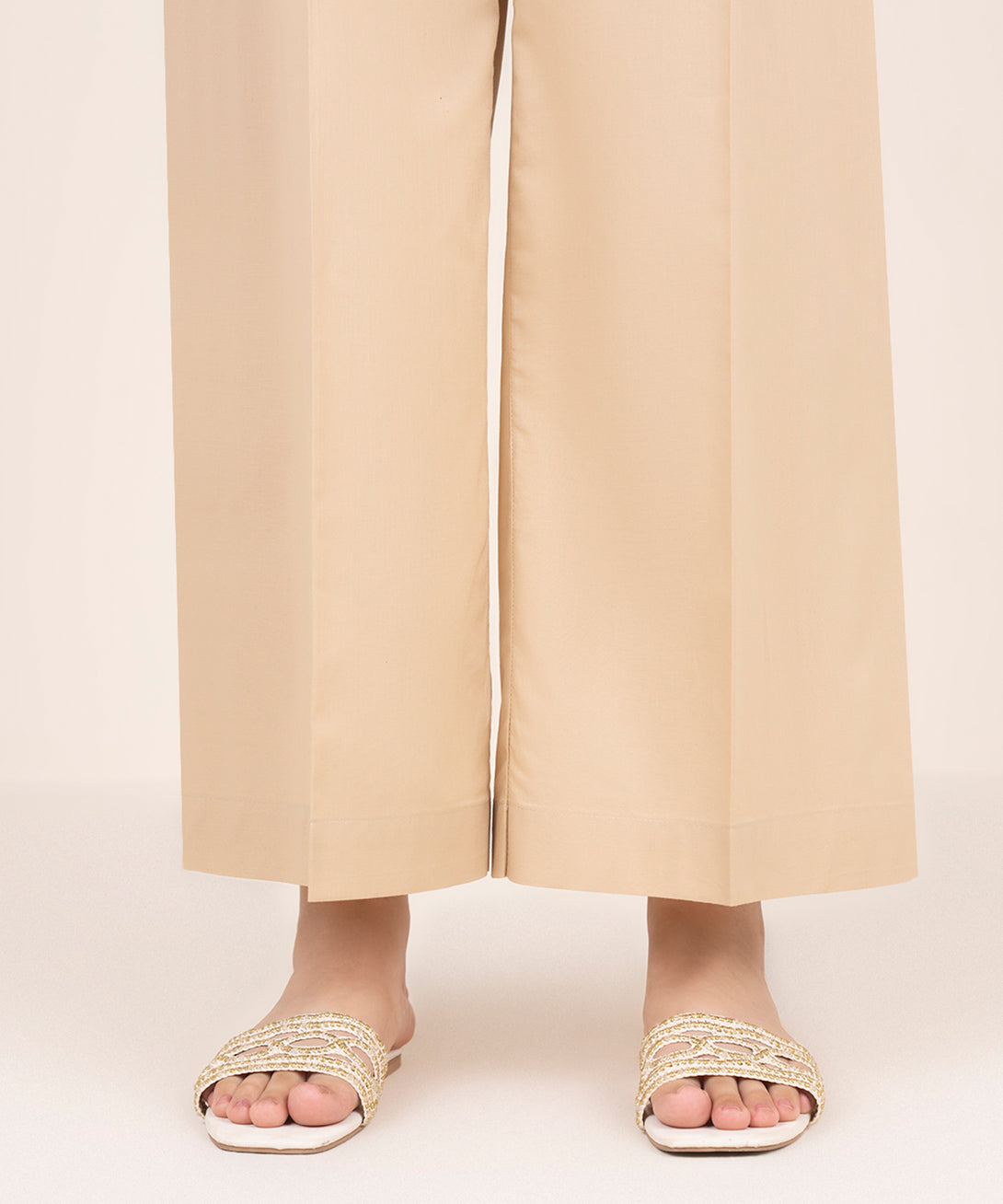 Women's RTW Cambric Beige Solid Wide Culotte