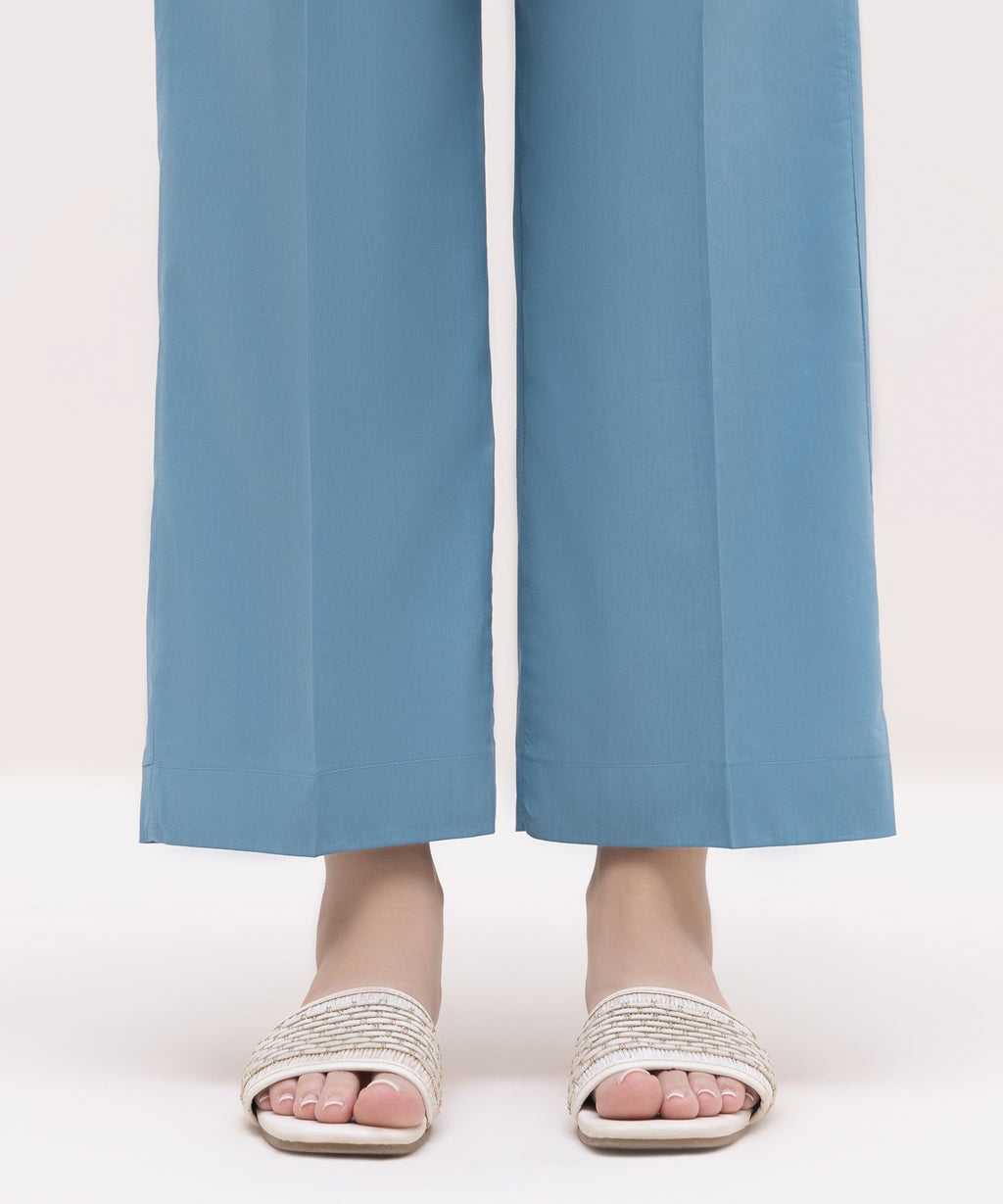 Women's RTW Cotton Viscose Blue Solid Straight Pants