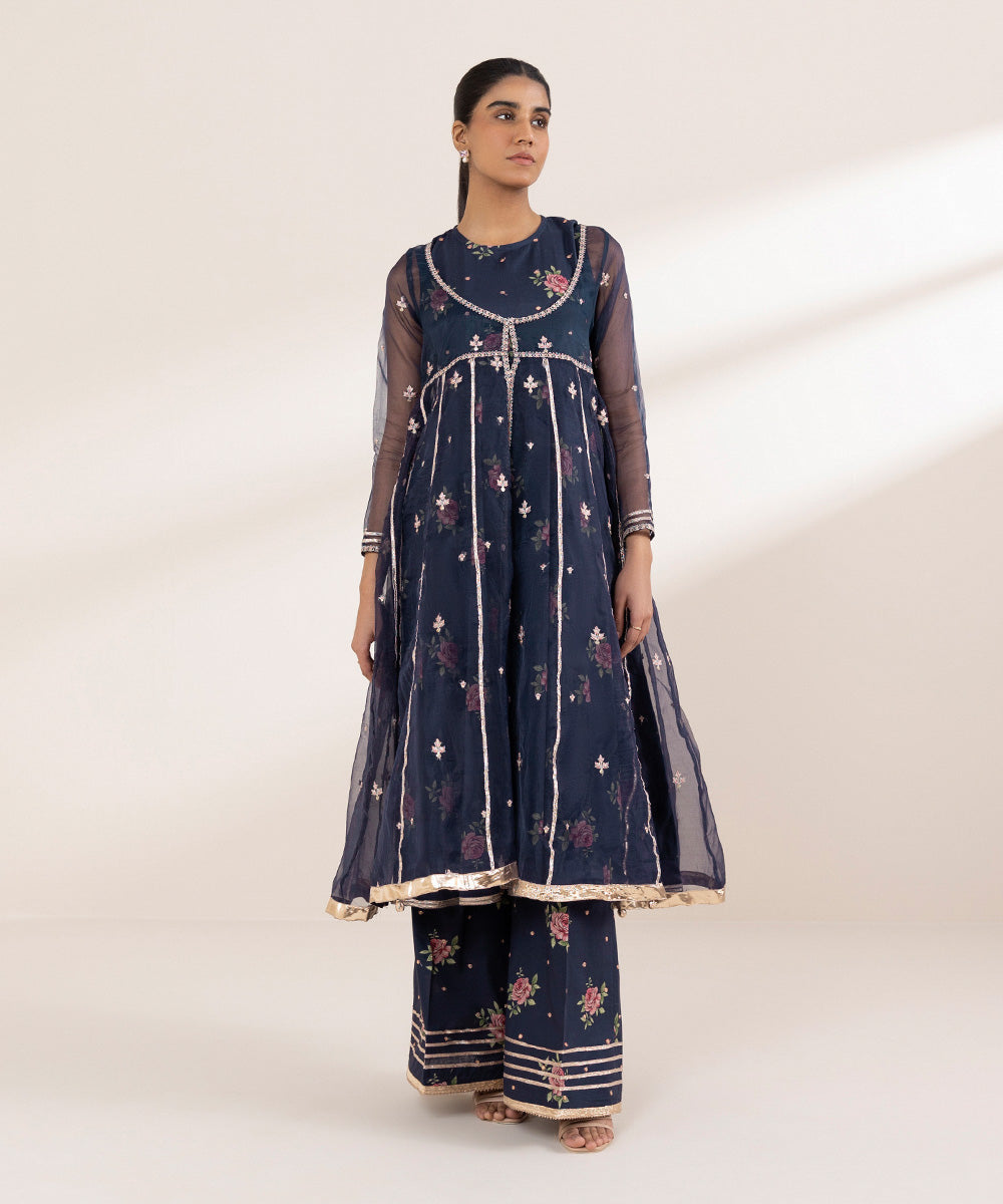 Women's Pret Blended Organza Blue Embroidered Angrakha Frock