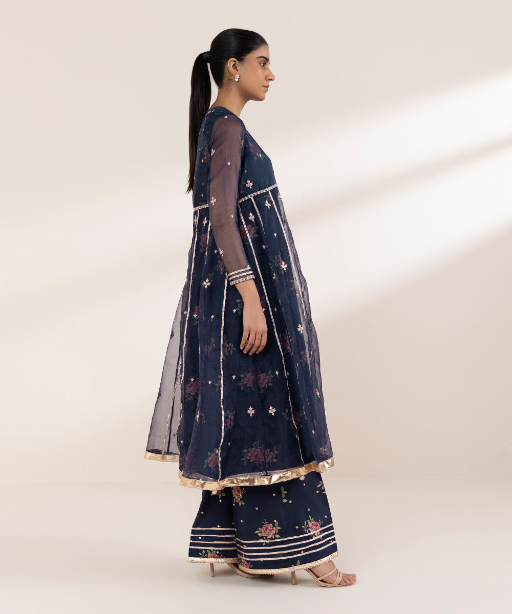 Women's Pret Blended Organza Blue Embroidered Angrakha Frock