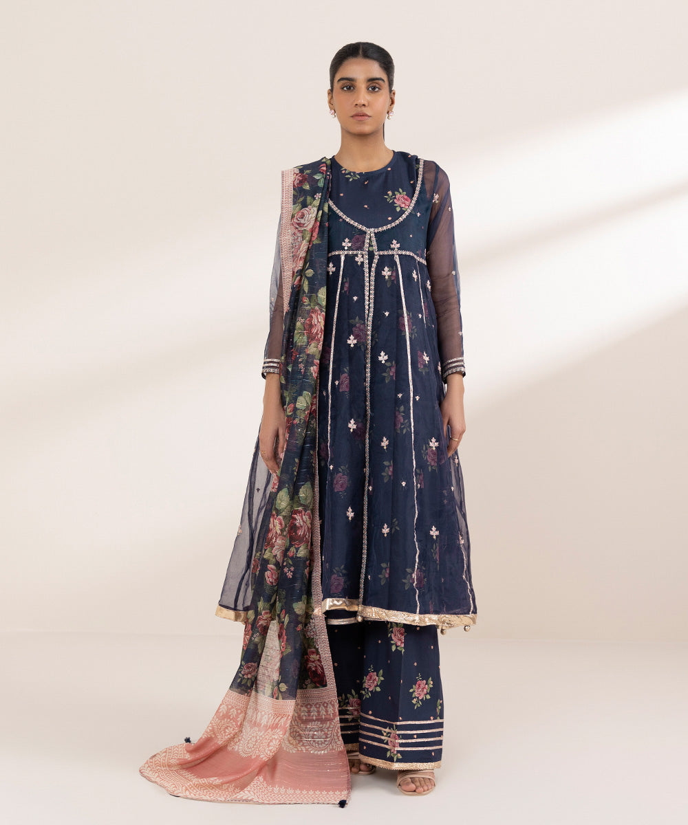 Women's Pret Blended Organza Blue Embroidered Angrakha Frock