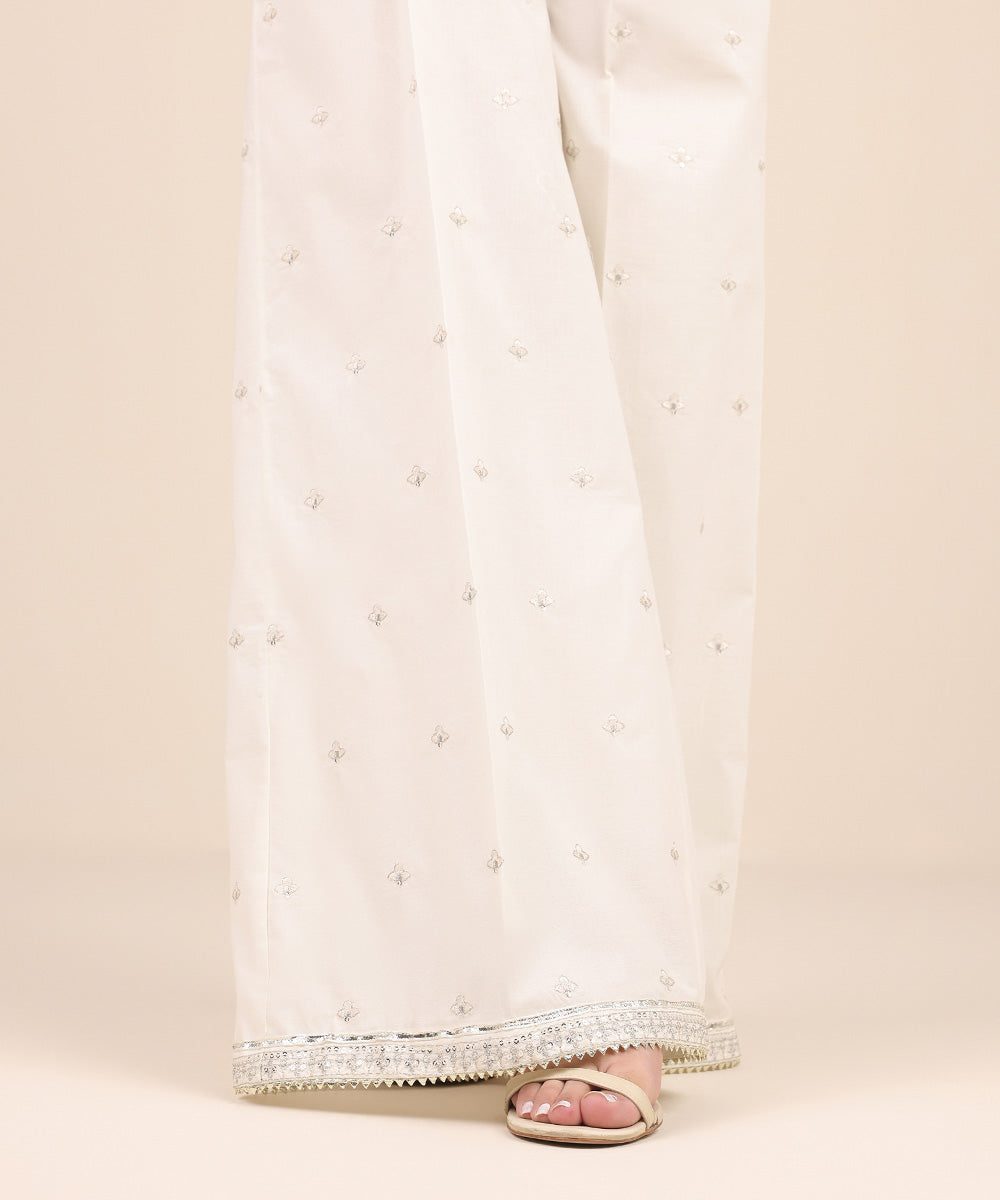 Women's Pret Cambric Off White Embroidered Flared Pants