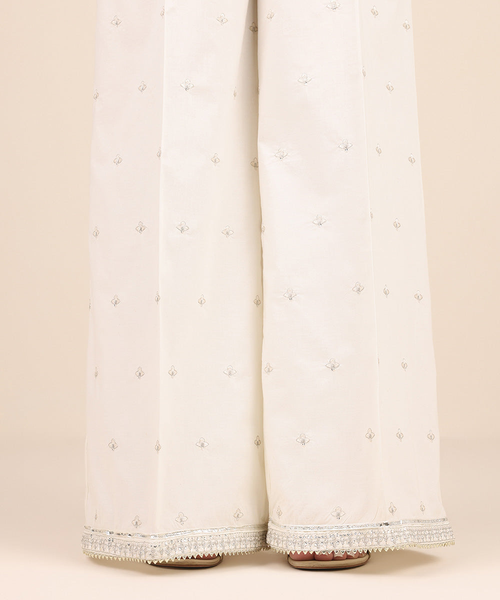 Women's Pret Cambric Off White Embroidered Flared Pants