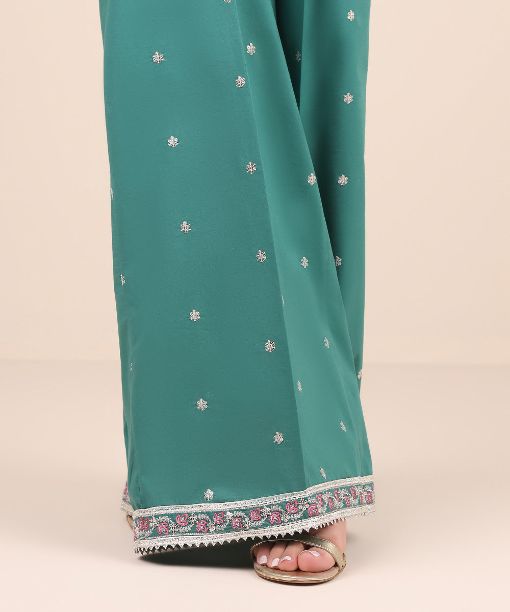 Women's Pret Cambric Green Embroidered Flared Pants