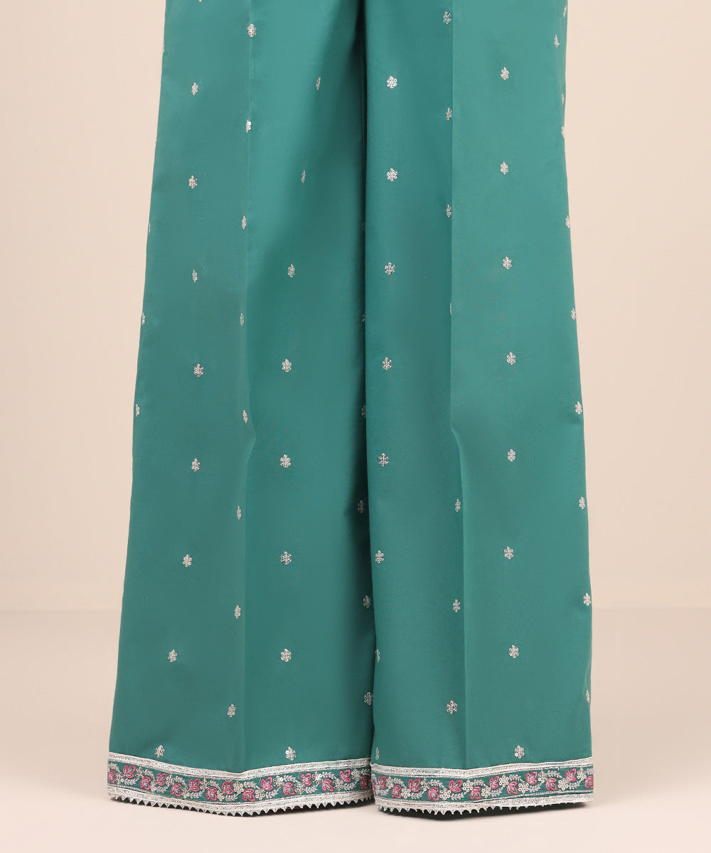 Women's Pret Cambric Green Embroidered Flared Pants