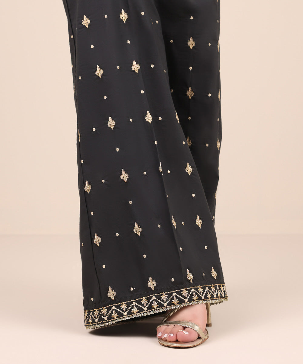 Women's Pret Cambric Black Embroidered Flared Pants