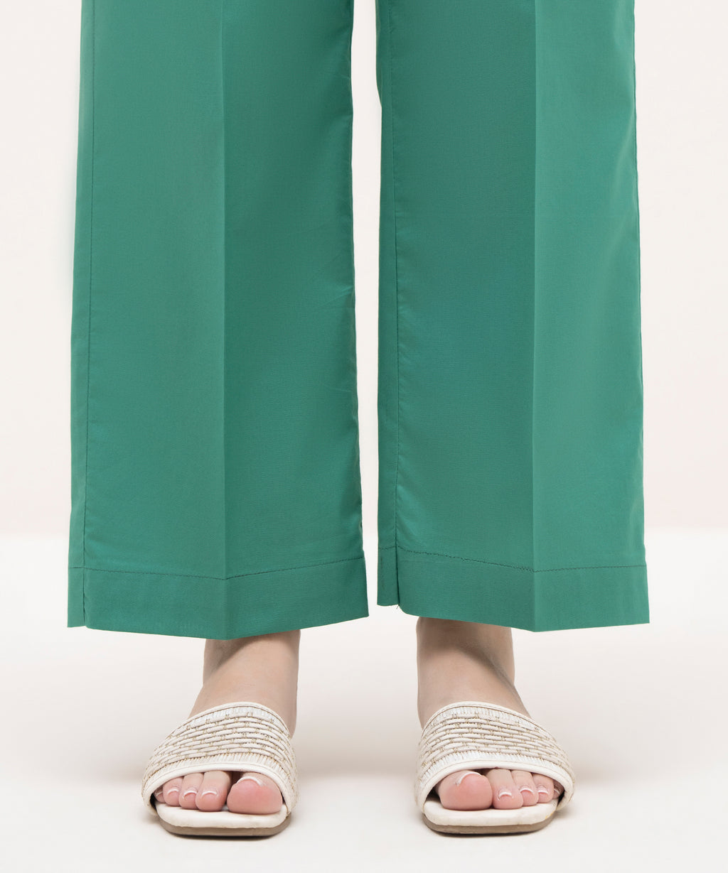 Women's RTW Cambric Green Solid Straight Pants