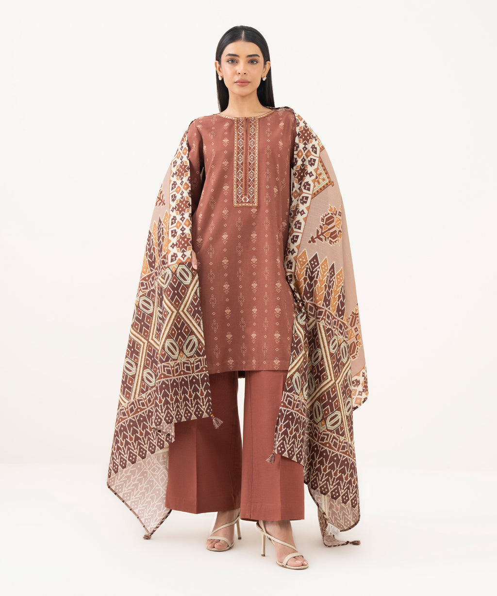 Light Khaddar Printed Brown Dupatta