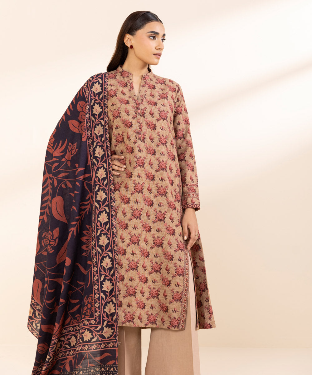 Women's Unstitched Khaddar Printed Multi 3 Piece Suit