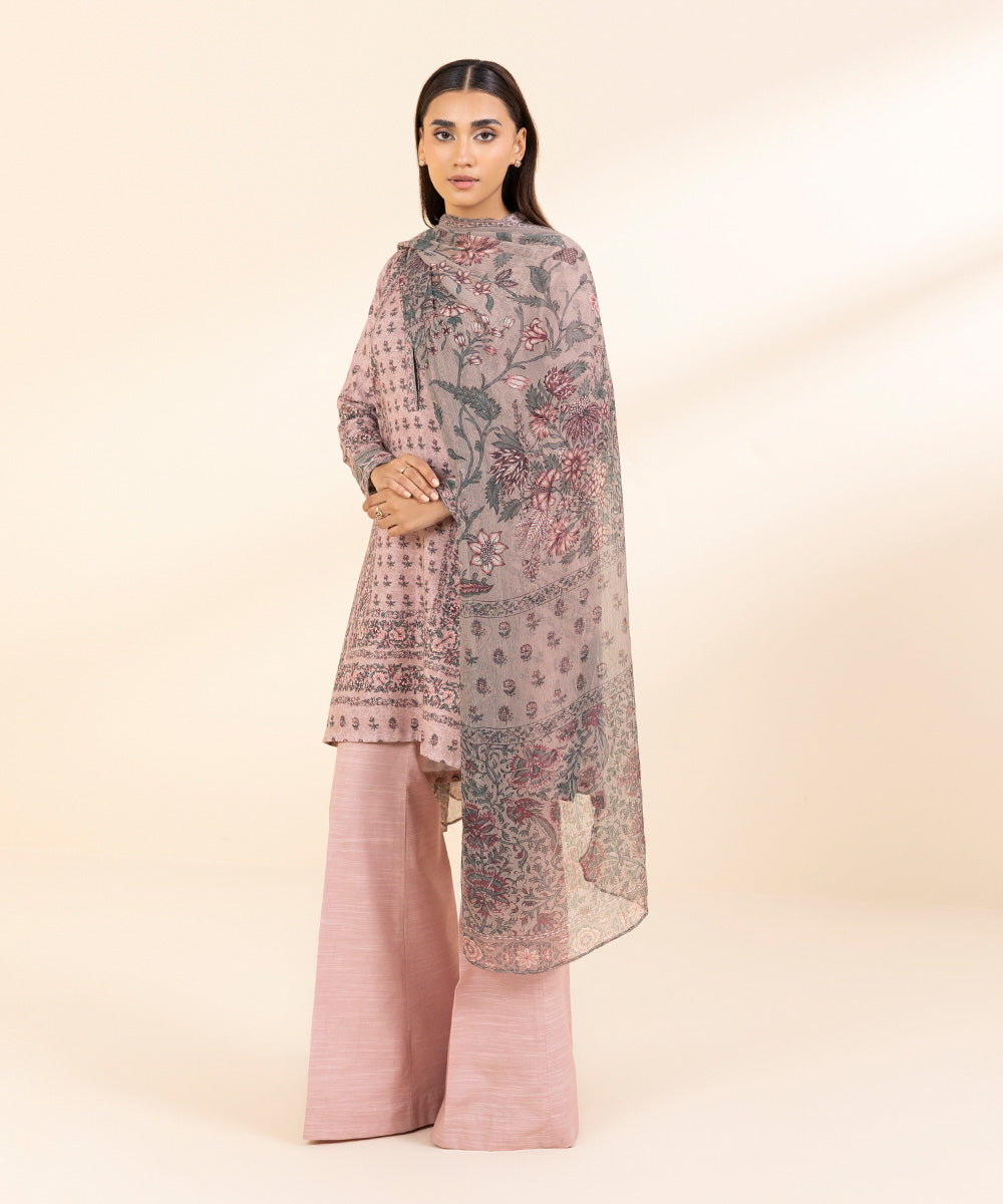 Women's Unstitched Khaddar Printed Pink 3 Piece Suit