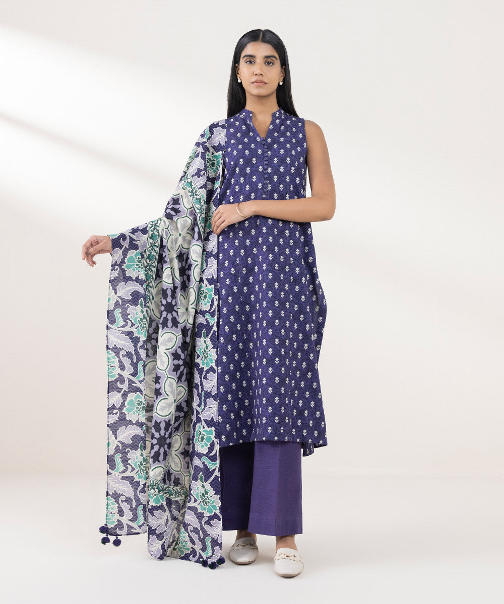 Women's Unstitched Khaddar Printed Purple 3 Piece Suit