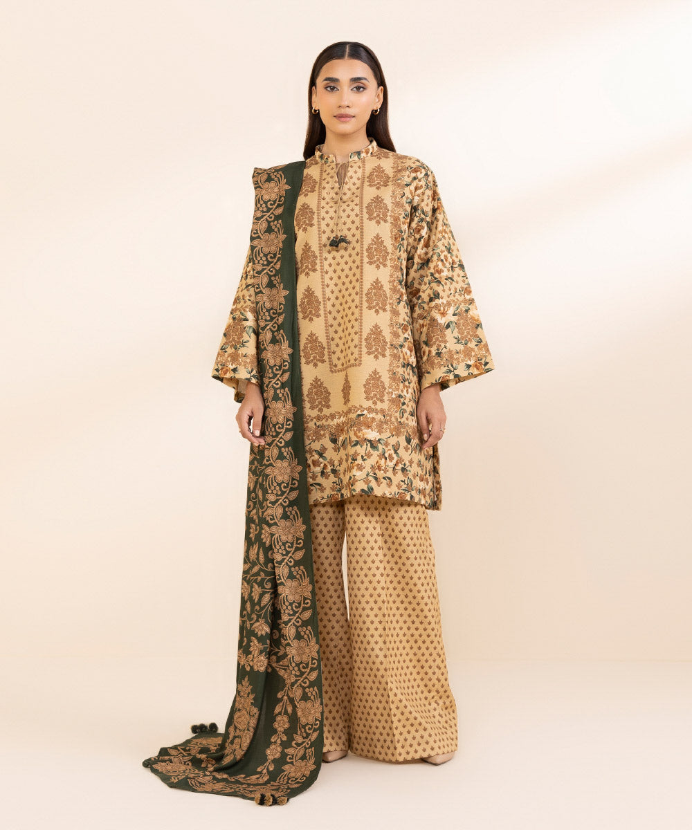 Women's Unstitched Khaddar Printed Multi 3 Piece Suit